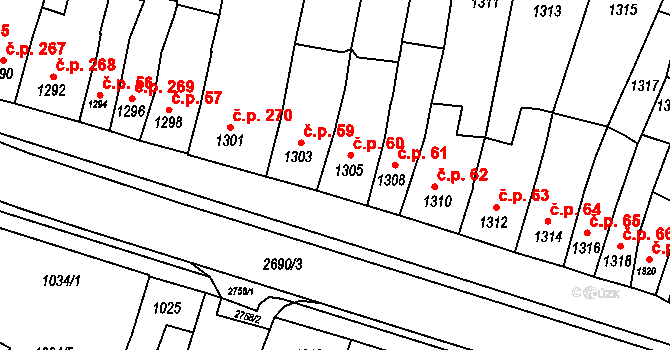 Bučovice 60 na parcele st. 1305 v KÚ Bučovice, Katastrální mapa