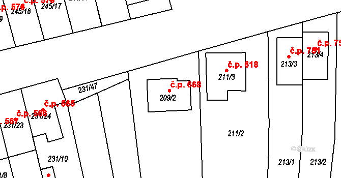 Blučina 668 na parcele st. 209/2 v KÚ Blučina, Katastrální mapa