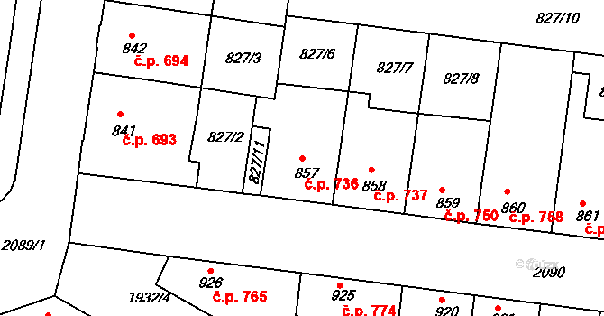 Slaný 736 na parcele st. 857 v KÚ Slaný, Katastrální mapa