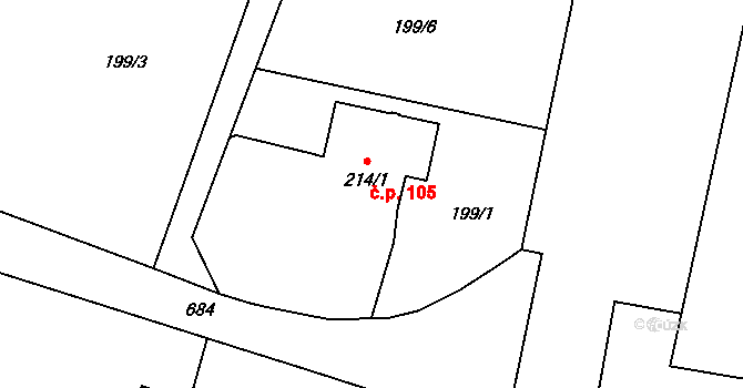 Roudná 105 na parcele st. 214/1 v KÚ Roudná nad Lužnicí, Katastrální mapa
