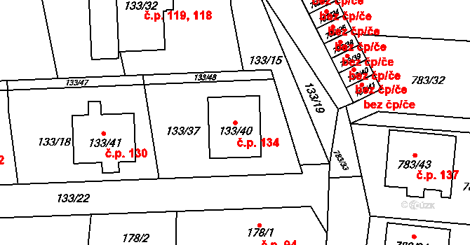 Blížejov 134 na parcele st. 133/40 v KÚ Blížejov, Katastrální mapa