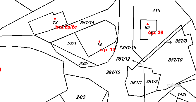 Těšetiny 13, Mochtín na parcele st. 14 v KÚ Těšetiny, Katastrální mapa
