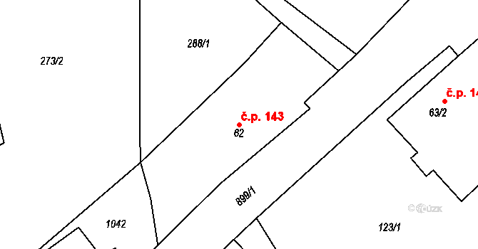 Žďárky 143 na parcele st. 62 v KÚ Žďárky, Katastrální mapa