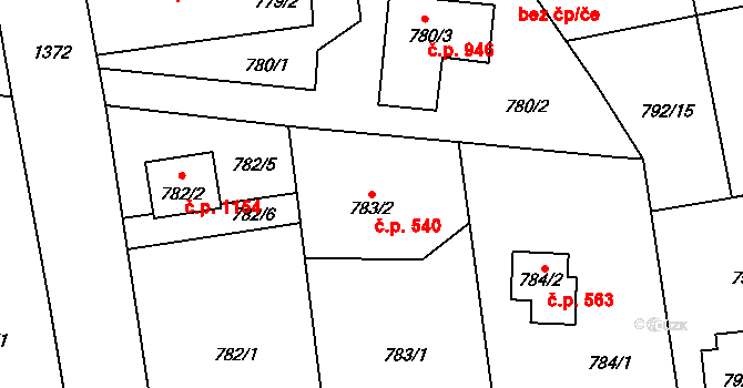Vejprnice 540 na parcele st. 783/2 v KÚ Vejprnice, Katastrální mapa