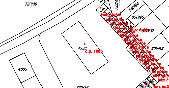 Bílé Předměstí 1086, Pardubice na parcele st. 4338 v KÚ Pardubice, Katastrální mapa