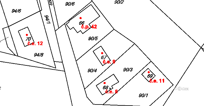 Pivonín 9, Zábřeh na parcele st. 67 v KÚ Pivonín, Katastrální mapa