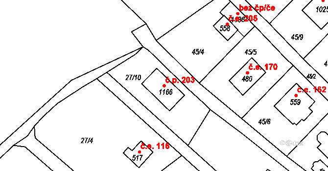 Čtyřkoly 203 na parcele st. 1166 v KÚ Čtyřkoly, Katastrální mapa
