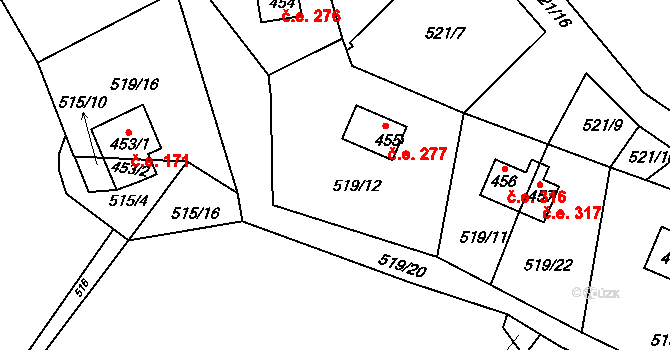 Sýkořice 277 na parcele st. 455 v KÚ Sýkořice, Katastrální mapa
