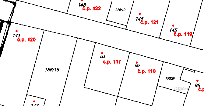 Strojetice 117, Kryry na parcele st. 143 v KÚ Strojetice u Podbořan, Katastrální mapa