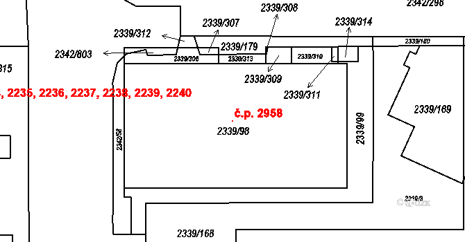 Stodůlky 2958, Praha na parcele st. 2339/98 v KÚ Stodůlky, Katastrální mapa