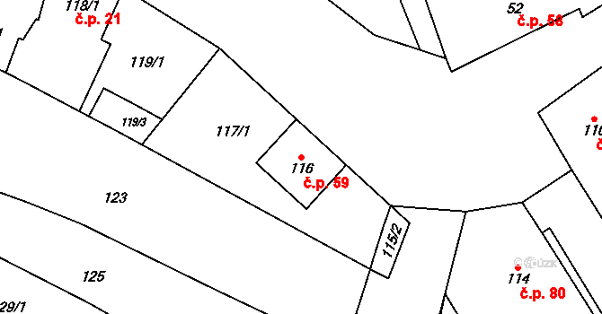 Bílany 59, Kroměříž na parcele st. 116 v KÚ Bílany, Katastrální mapa