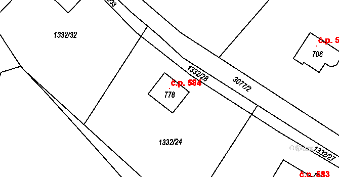 Krásno 584 na parcele st. 778 v KÚ Krásno nad Teplou, Katastrální mapa
