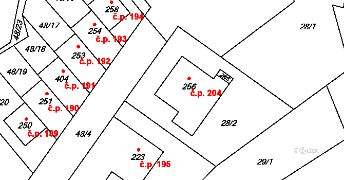 Přerov XI-Vinary 204, Přerov na parcele st. 256 v KÚ Vinary u Přerova, Katastrální mapa