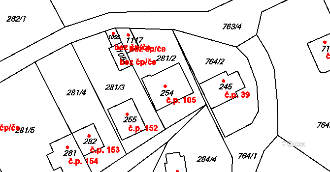 Měchenice 105 na parcele st. 254 v KÚ Měchenice, Katastrální mapa