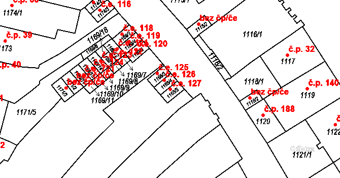 Vyškov-Město 127, Vyškov na parcele st. 1168/5 v KÚ Vyškov, Katastrální mapa