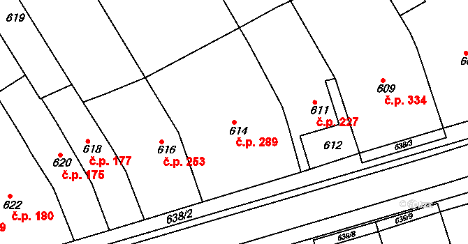 Rousínov 289 na parcele st. 614 v KÚ Rousínov u Vyškova, Katastrální mapa