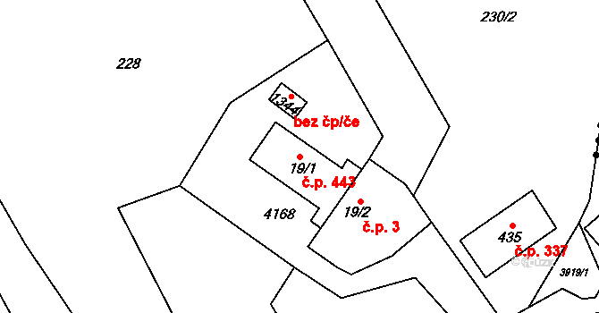 Kozlovice 443 na parcele st. 19/1 v KÚ Kozlovice, Katastrální mapa