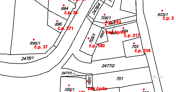 Třeboň II 180, Třeboň na parcele st. 705/1 v KÚ Třeboň, Katastrální mapa