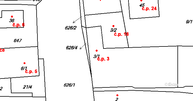 Popov 3, Kostelec na parcele st. 3/1 v KÚ Popov u Stříbra, Katastrální mapa