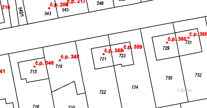 Grygov 358 na parcele st. 721 v KÚ Grygov, Katastrální mapa
