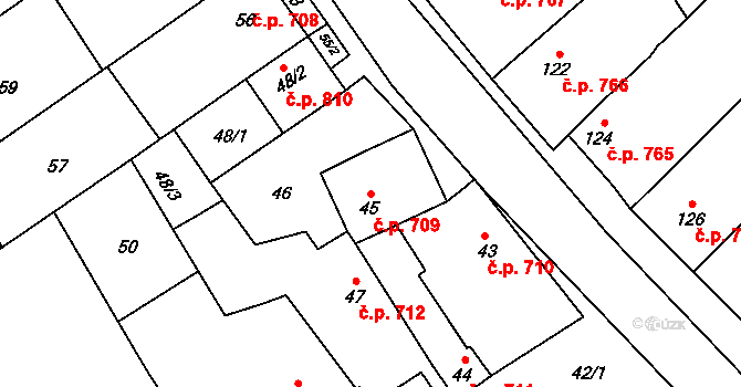 Březce 709, Štěpánov na parcele st. 45 v KÚ Březce, Katastrální mapa