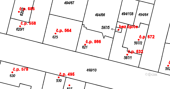 Libochovice 566 na parcele st. 621 v KÚ Libochovice, Katastrální mapa