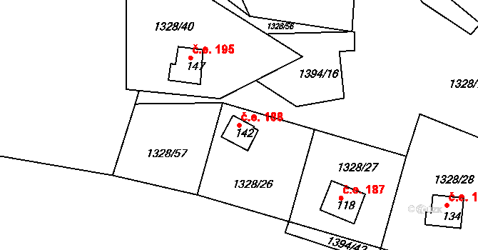 Milešov 188 na parcele st. 142 v KÚ Milešov nad Vltavou, Katastrální mapa