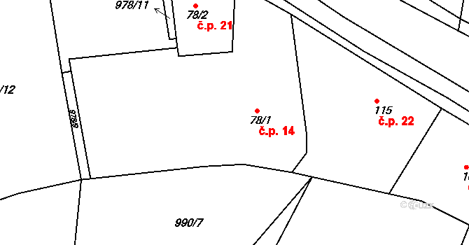 Chloumek 14, Újezd u Chocně na parcele st. 78/1 v KÚ Újezd u Chocně, Katastrální mapa