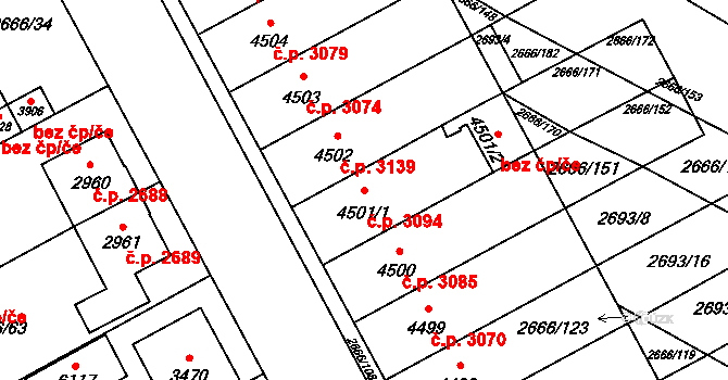 Břeclav 3094 na parcele st. 4501/1 v KÚ Břeclav, Katastrální mapa