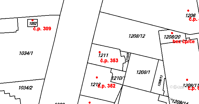 Komárov 353, Brno na parcele st. 1211 v KÚ Komárov, Katastrální mapa