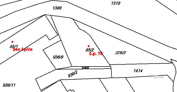 Těchobuz 76 na parcele st. 85/2 v KÚ Těchobuz, Katastrální mapa