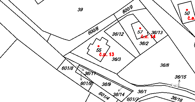 Milhostov 13, Zádub-Závišín na parcele st. 55 v KÚ Milhostov u Mariánských Lázní, Katastrální mapa