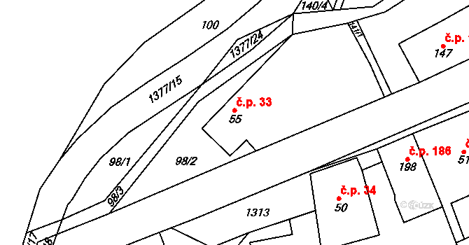 Nezdice na Šumavě 33 na parcele st. 55 v KÚ Nezdice na Šumavě, Katastrální mapa