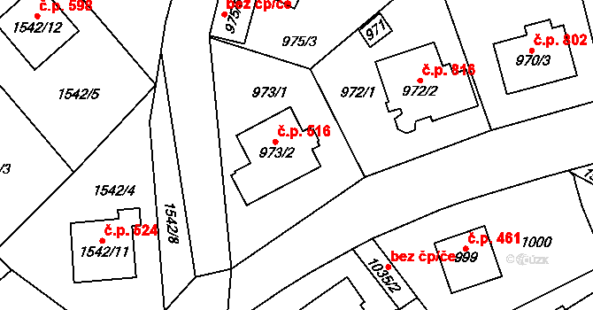 Dolní Počernice 516, Praha na parcele st. 973/2 v KÚ Dolní Počernice, Katastrální mapa