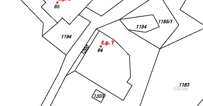 Terezín 7, Kunžak na parcele st. 64/1 v KÚ Mosty, Katastrální mapa