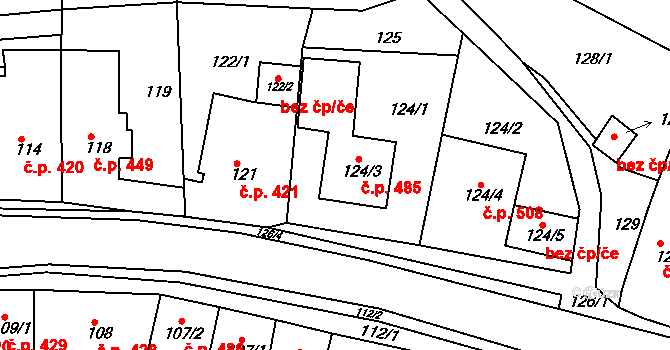 Blučina 485 na parcele st. 124/3 v KÚ Blučina, Katastrální mapa