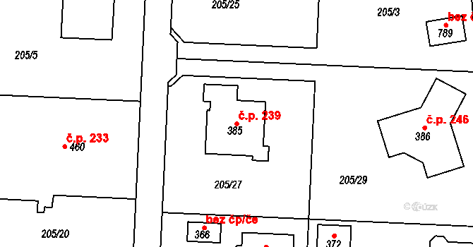 Vysoká nad Labem 239 na parcele st. 385 v KÚ Vysoká nad Labem, Katastrální mapa