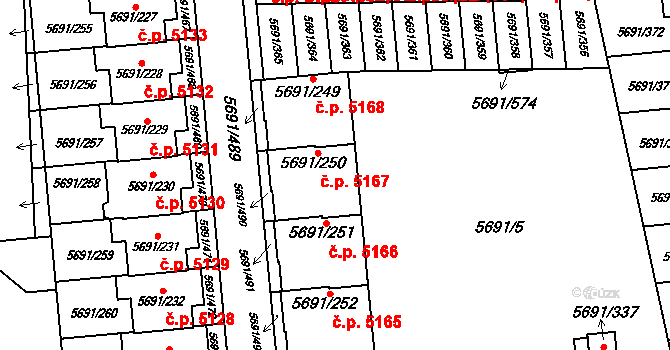 Jihlava 5167 na parcele st. 5691/250 v KÚ Jihlava, Katastrální mapa