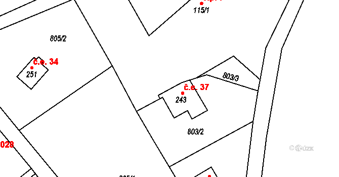 Milotice 37, Čestín na parcele st. 243 v KÚ Čestín, Katastrální mapa