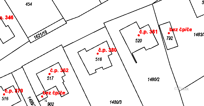 Křižanov 380 na parcele st. 518 v KÚ Křižanov, Katastrální mapa