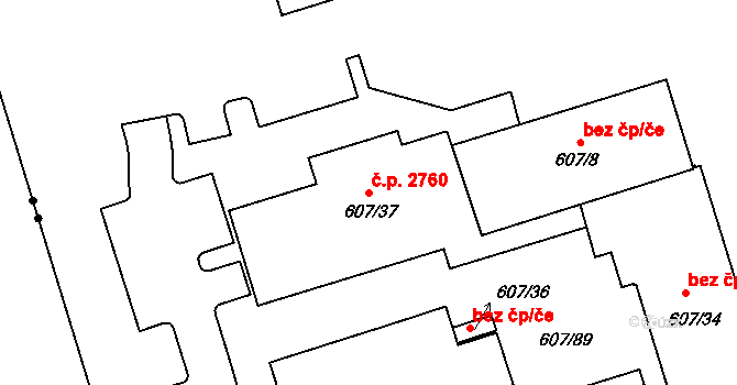 Východní Předměstí 2760, Plzeň na parcele st. 607/37 v KÚ Plzeň 4, Katastrální mapa