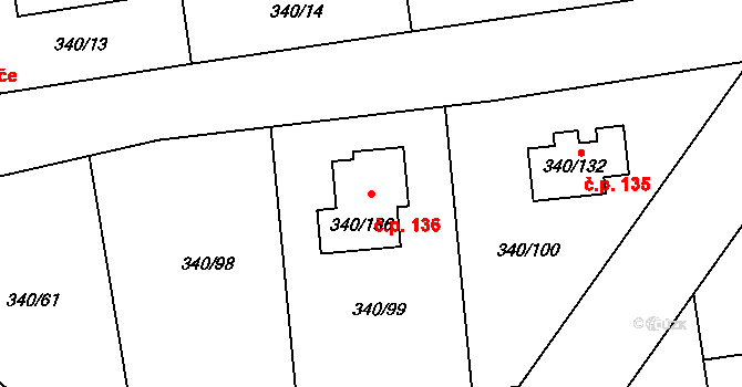 Hořín 136 na parcele st. 340/136 v KÚ Hořín, Katastrální mapa