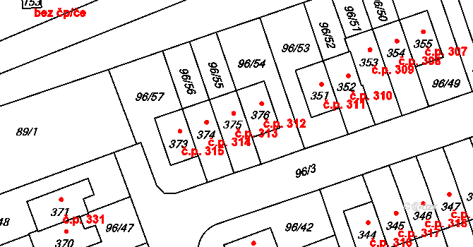 Drahelčice 313 na parcele st. 375 v KÚ Drahelčice, Katastrální mapa