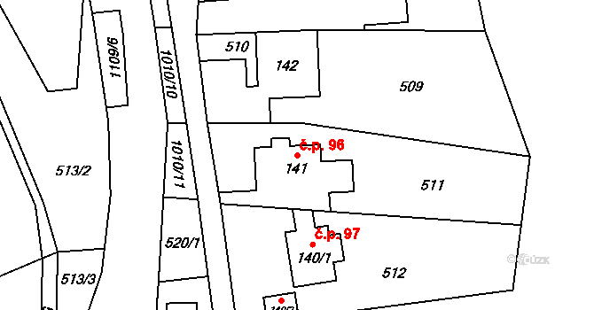 Hostice 96, Ruda nad Moravou na parcele st. 141 v KÚ Hostice, Katastrální mapa