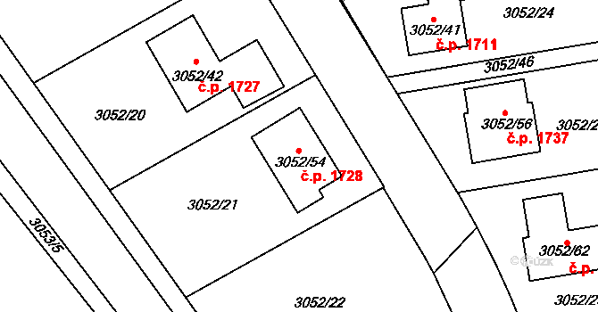 Bystřice nad Pernštejnem 1728 na parcele st. 3052/54 v KÚ Bystřice nad Pernštejnem, Katastrální mapa