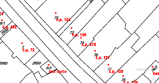 Radnice 278 na parcele st. 74 v KÚ Radnice u Rokycan, Katastrální mapa