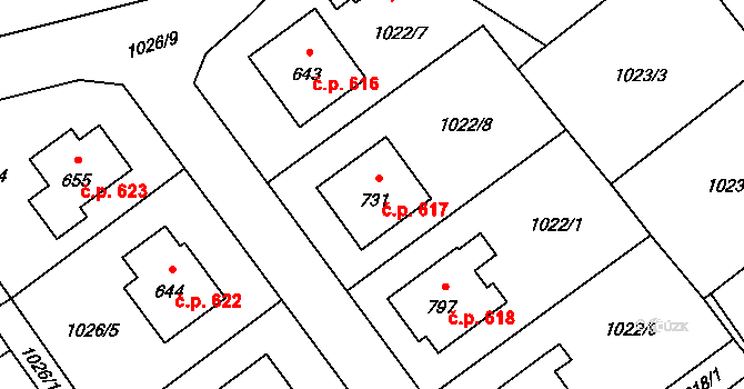 Mořkov 617 na parcele st. 731 v KÚ Mořkov, Katastrální mapa