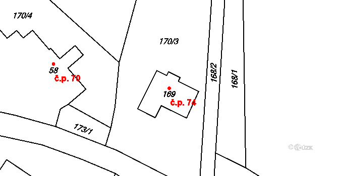 Brzice 74 na parcele st. 169 v KÚ Brzice, Katastrální mapa