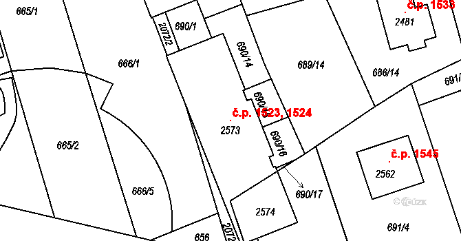 Nové Město nad Metují 1523,1524 na parcele st. 2573 v KÚ Nové Město nad Metují, Katastrální mapa