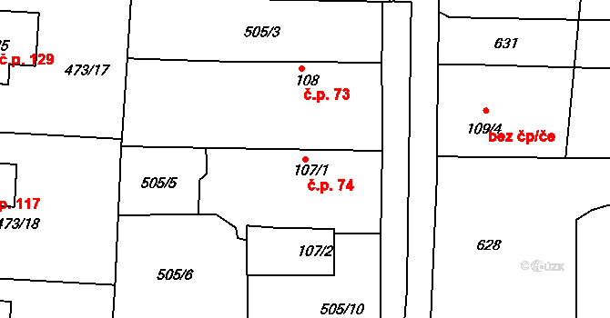 Chvalovice 74, Kovanice na parcele st. 107/1 v KÚ Chvalovice u Nymburka, Katastrální mapa